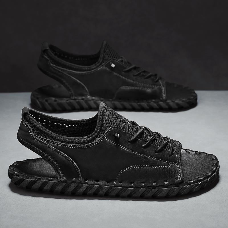 Summer Flat Designer Peep Toe Sandal Outdoor Men Anti Slip Casual Leather Beach Shoe Breathable Half Drag Hand-stitching Slipper