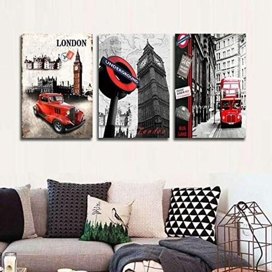 CyiohArt - 3-teiliges Kunstpanel Retro Stadtstraßen wandmontiert Stadtlandschaft Fotografie Gemälde Poster Leinwand kompletter Holzrahmen Heimzimmer Dekoration.
