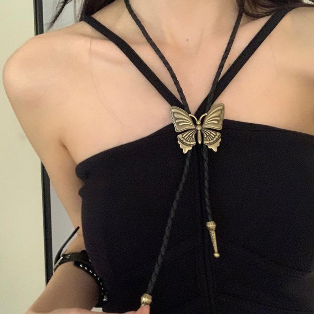 Boho Turquoise Feather Necklace Ethnic Style Bronze Butterfly Choker  Men