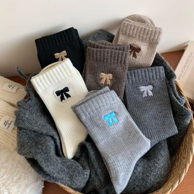 Dicke warme Herbst- und Wintersocken für Damen mit Schleife, ohne Bündchen, Röhrensocken