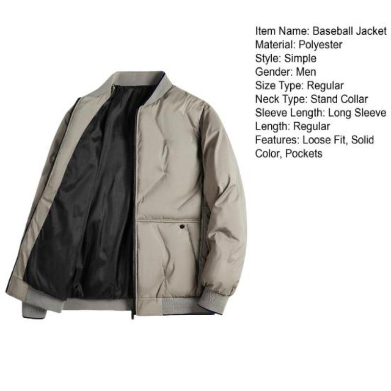 Men Baseball Jacket Stand Collar Long Sleeve Solid Color Zipper Placket Coat Thickened Down Cotton Outwear