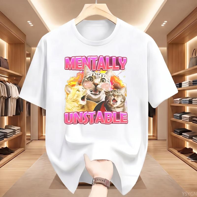 Mentally Cat Meme Aesthetic T Shirts Mens Women Vintage O-Neck Tshirt Short Sleeve Oversized Tshirts