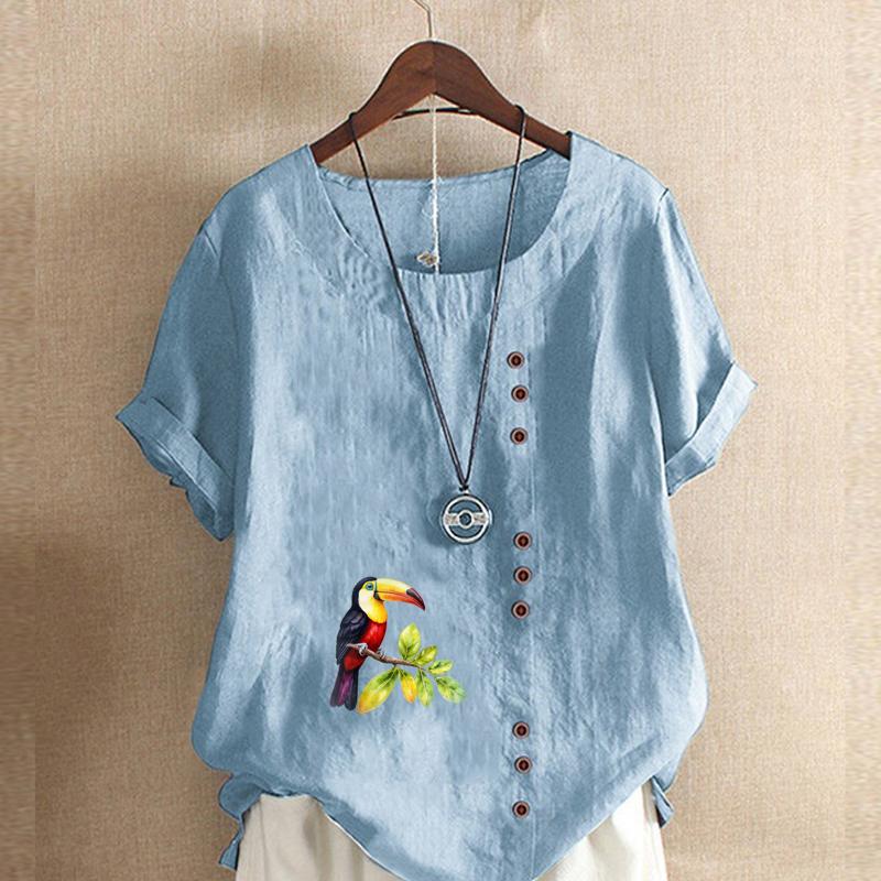 Women's Fashion Round Neck Short Sleeve T-shirt Casual Cotton Linen Pattern Shirt Leisure Loose Bird Prined Summer Blouse Tops