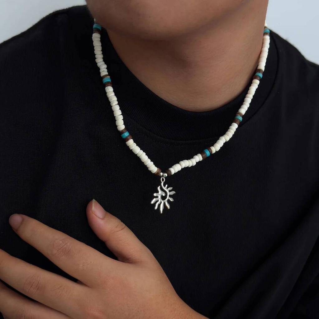 SHIXIN Minimalist White/Brown Wooden Bead Chain Choker Necklace for Men New Trendy Sun Pendant Necklace Male Jewelry Accessories