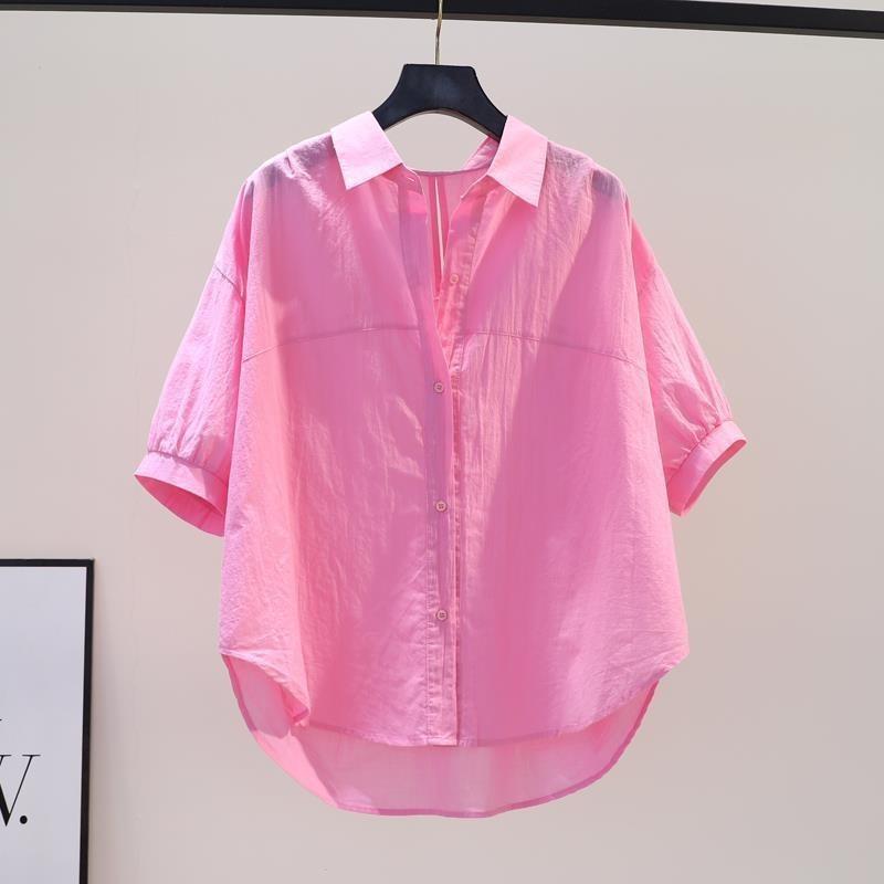 Women Casual Loose Turn Down Collar Short Sleeve Solid Shirt For Ladies S розовый