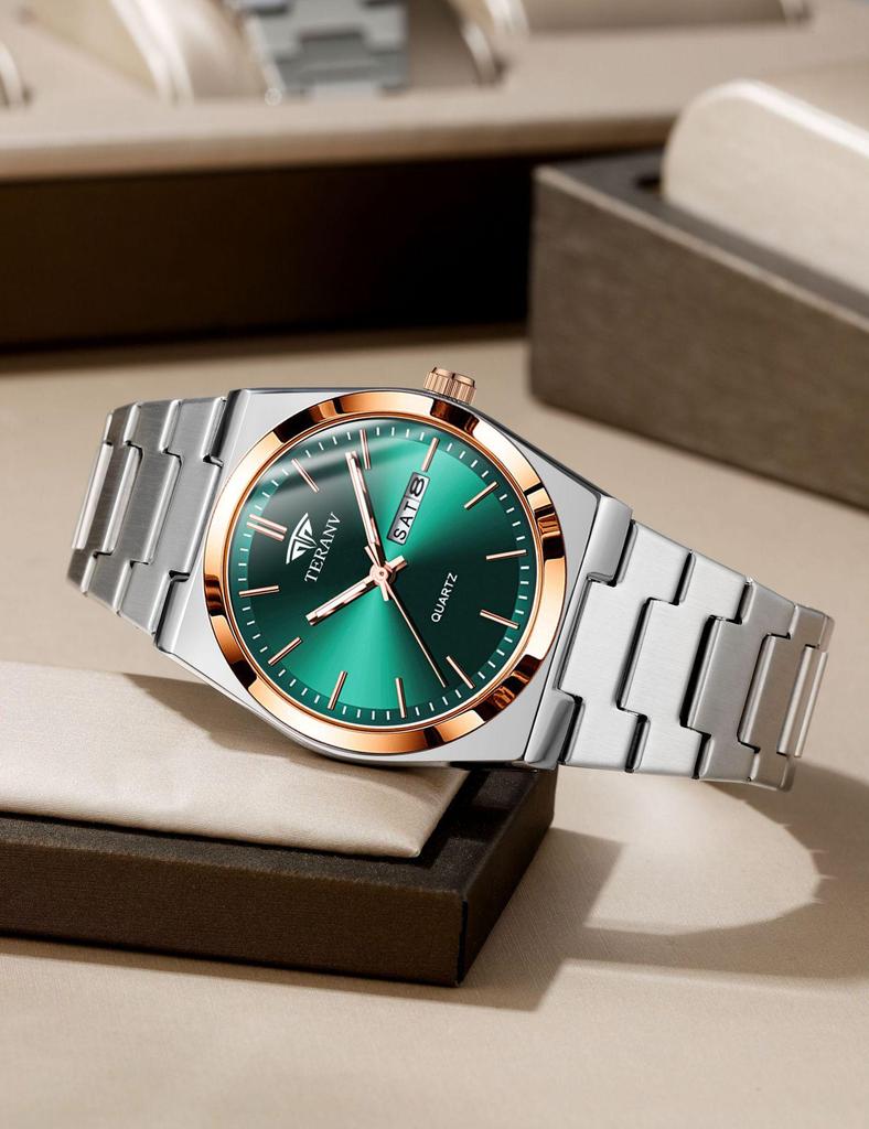 Men's Ultra-Thin Luminous Quartz Watch with Steel Band and Double Calendar, Waterproof.