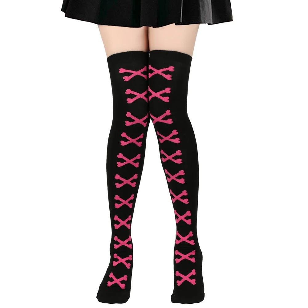 Oberschenkelhohe Socke Damenstrümpfe Knochen Damen Halloween Schwarz Weiß Rosa Gestreift Lang Über dem Knie Socke Lustig Cosplay Harajuku