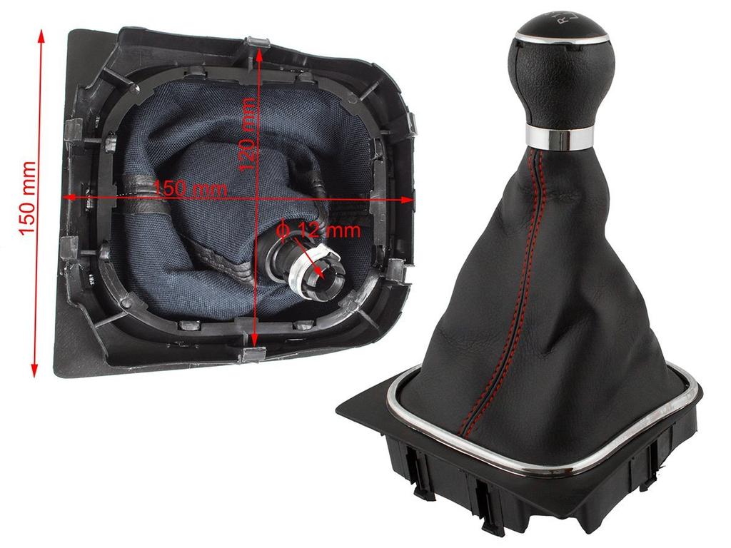 VW Golf V 03-08 Gear Shift Knob & Black Leather Gaiter with Red Stitching, Chrome Frame, 6-Speed