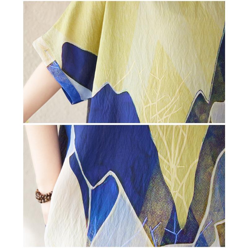 Dimanaf 2025 Summer Women Plus Size Dress Basic Casual Dress Loose Vintage Printing Long Beach Short Sleeve Dress