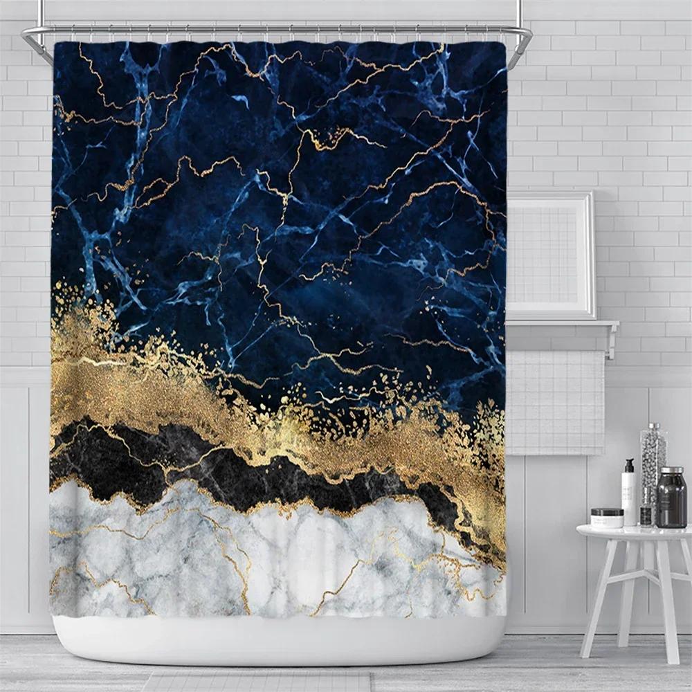 Abstract Navy Blue Gold Marble Shower Curtain Modern Luxury Golden Cracked Lines Fabric Bathroom Curtain Fashion Decor with Hook