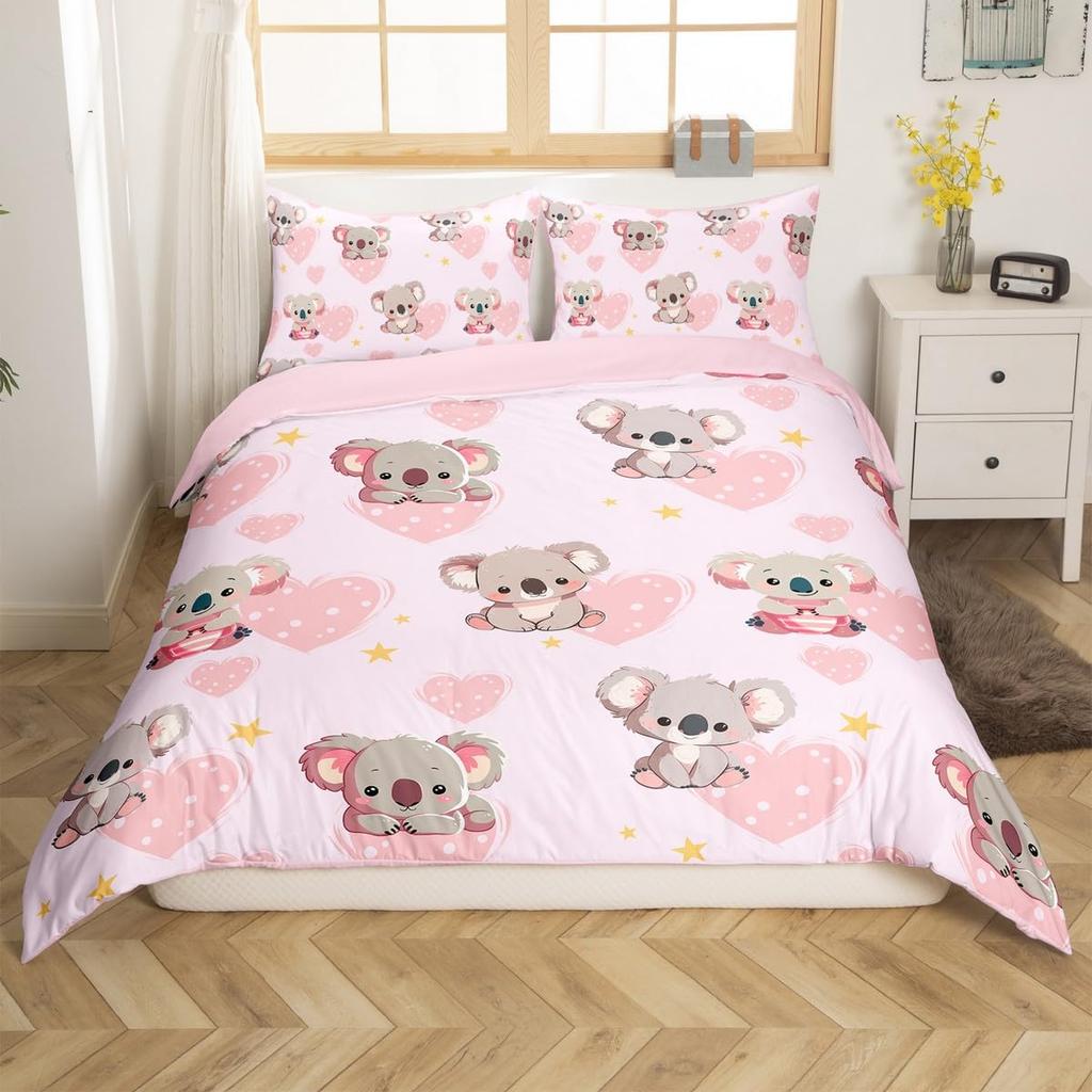 Puppy Dog Duvet Cover Queen King,Cartoon Animal Bedding Set For Kids Boys Girl,Microfiber Watercolor Pink Love Heart Quilt Cover