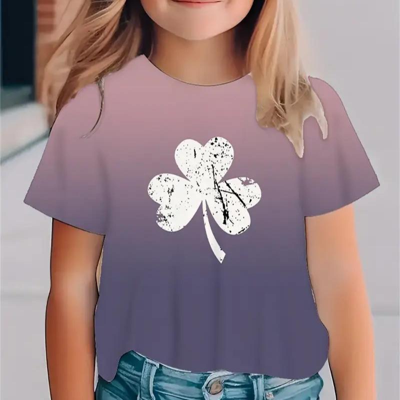Kids T-shirt 3d Print New Minimalist 3D Printed Small Fresh Clover Pattern Girls' Round Neck Short Sleeved T-shirt