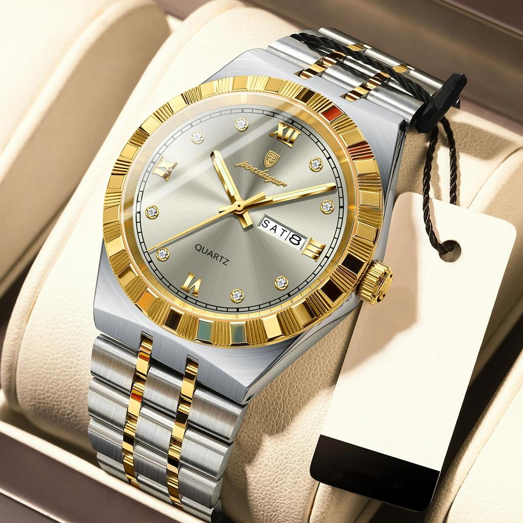 POEDAGAR Original Military Man Wristwatch Quartz Week Date Watch For Men Waterproof Luminous Stainless Steel Men's Watches