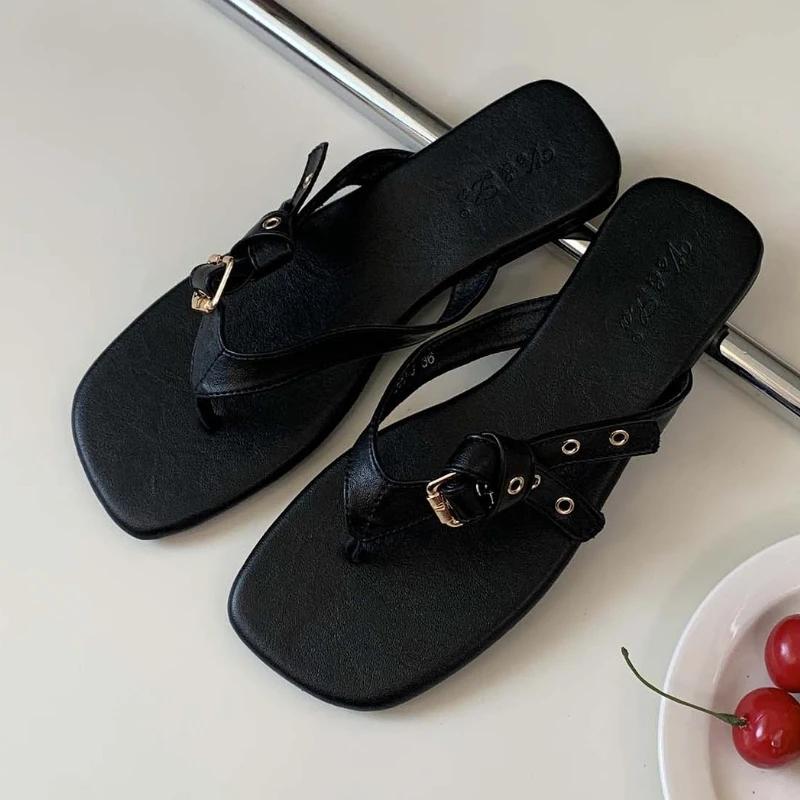 Fashion Fashion Square Toe Belt Buckle Flat Slippers Women Summer Sexy Clip Toe Flip-flops Comfortable Non-slip Vacation Beach Sandals