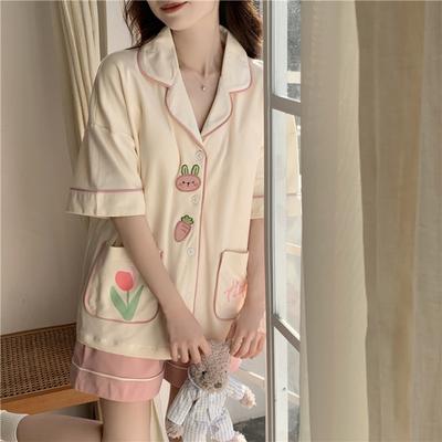 New Korean Version Pajamas with Breast Pad for Women In Summer Thin Cardigan Lapel Sweet Girl Can Wear Home Clothes Set