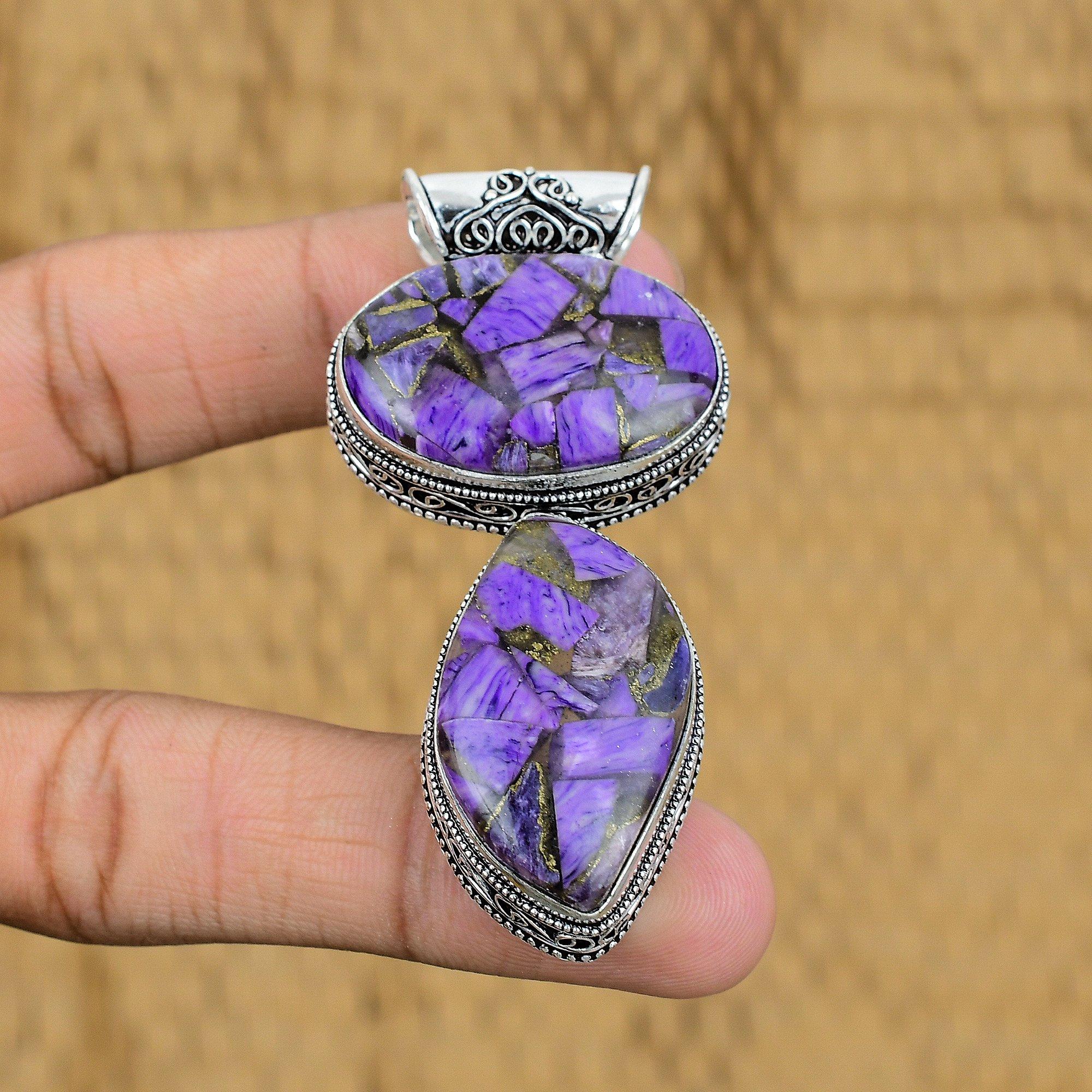 

Easter Sale Copper Russian Charoite Stone Vintage Pendant 925 Sterling Silver