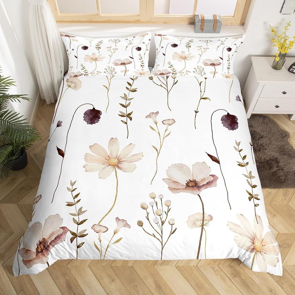 Watercolor Floral Down Duvet Cover Set Queen King Size Simple Pastoral Style Bedding Suitable for Kids Teens Adult Women 3 PCS