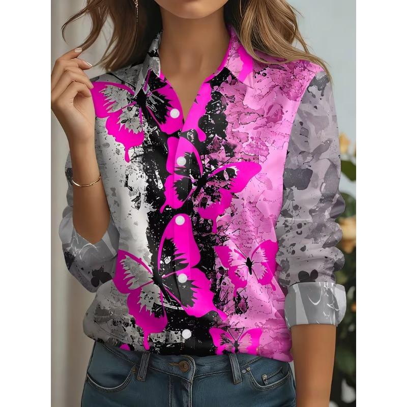 New Women's Shirts Vintage Floral Printed Spring Autumn Blouse Lapel Neck Blouse Women Long Sleeve Loose Casual Geometric Shirts