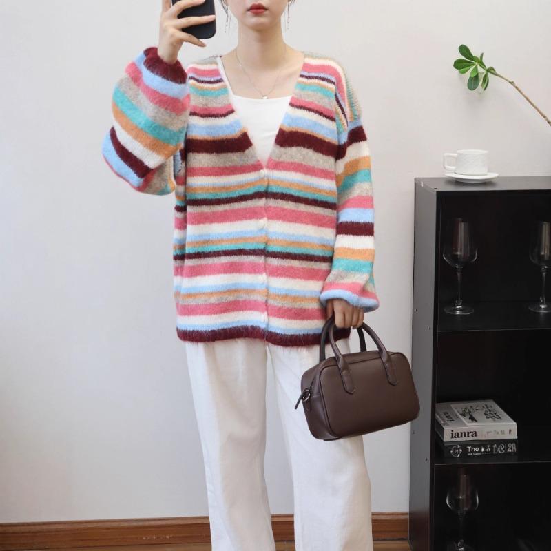 Color striped knitted cardigan autumn and winter new loose and thin lazy style soft waxy sweater jacket women