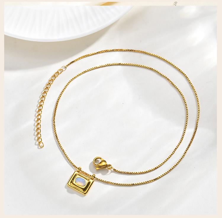Square Pendant Necklace Stainless Steel Natural Stone Inlay Box Chain for Women Vintage Healing Jewelry Waterproof