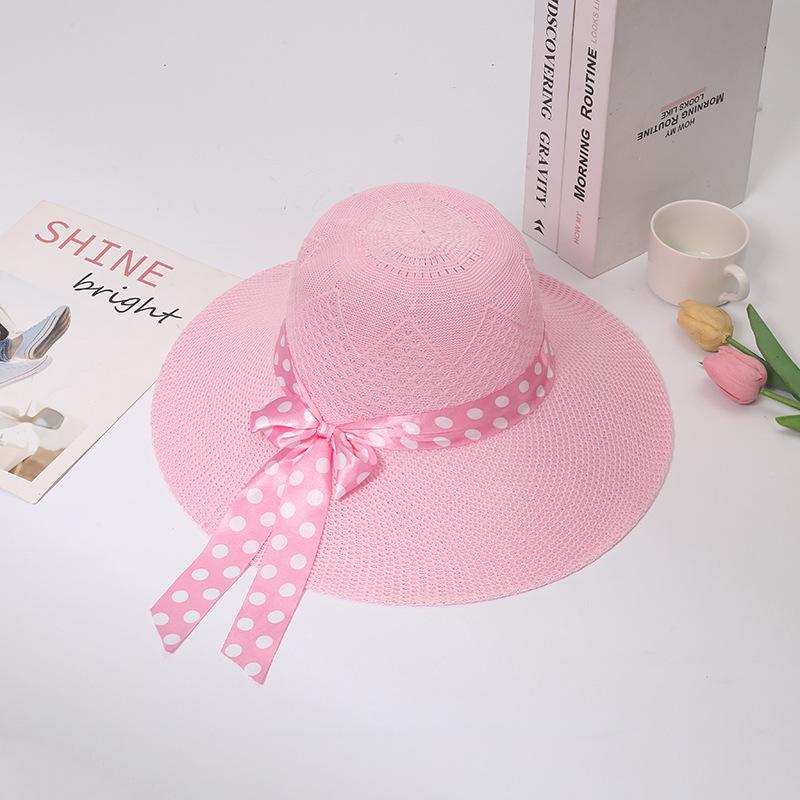 Summer new hat women's polka dot bow streamer straw hat travel beach hat big edge sun hat