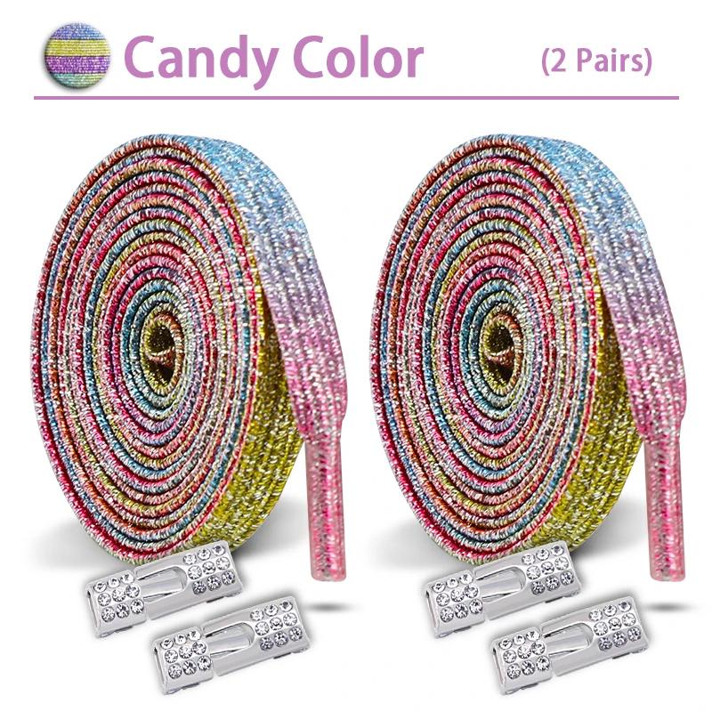 2Set Colorful Elastic Laces Sneakers Diamond Lock Shoelaces Without Ties No Tie Shoe Laces Glitter Flat Shoelace Shoe Accessorie