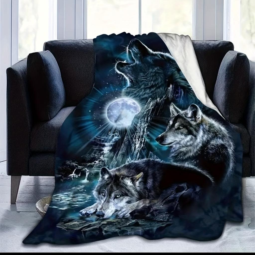 Wolf Series under the Moonlight digital-printed polyester velvet flannel cover blanket Fleece soft sofa cover blankets for beds