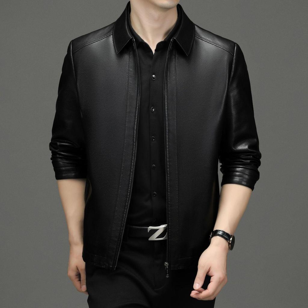 Leather Jacket Men's Middle-aged Men's Genuine Leather Jacket Short Lapel Thin Sheepskin Dad Leather Jacket Men's Clothing
