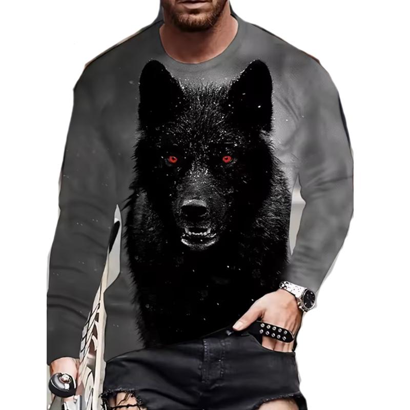 Men's Comfortable Colorful Wolf Pattern Long Sleeve T-Shirt Summer Design Polyester Round Neck Suitable for Outdoors