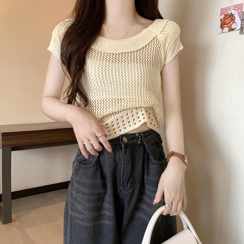 Xiaofei Sleeve Round Neck Hollow U-neck Versatile Female Summer Thin Knit Shirt Design Sense Niche Short Tops Casual Essential Slim Fit Pullovers Tees