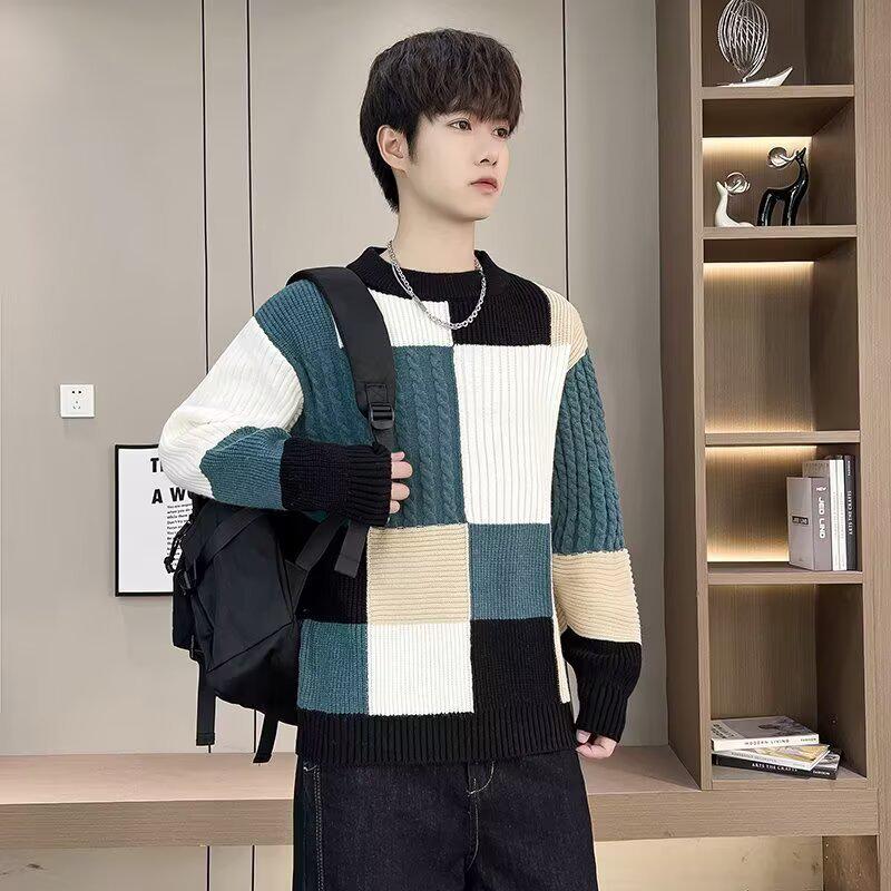 Men's Winter Thickened Color Block Knit Sweater - Warm, Casual, Trendy Fashion