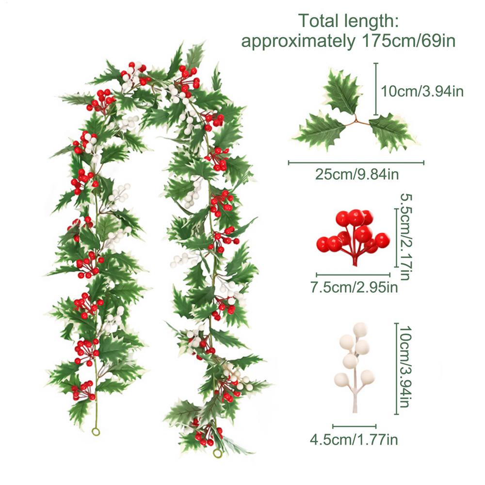 69Inch Christmas Garland Faux Leaves With Red Berries Artificial Vine Garland For Home Living Room Front Door Patio Outdoor