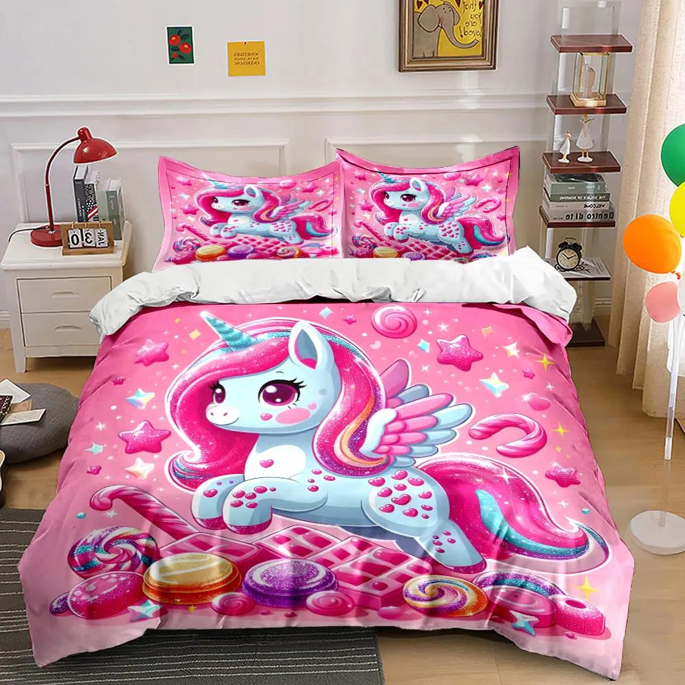 Unicorn Candy Set Decoration Bedding Set with 1 Duvet Cover 2 Pillowcases Single Double King Queen Gift
