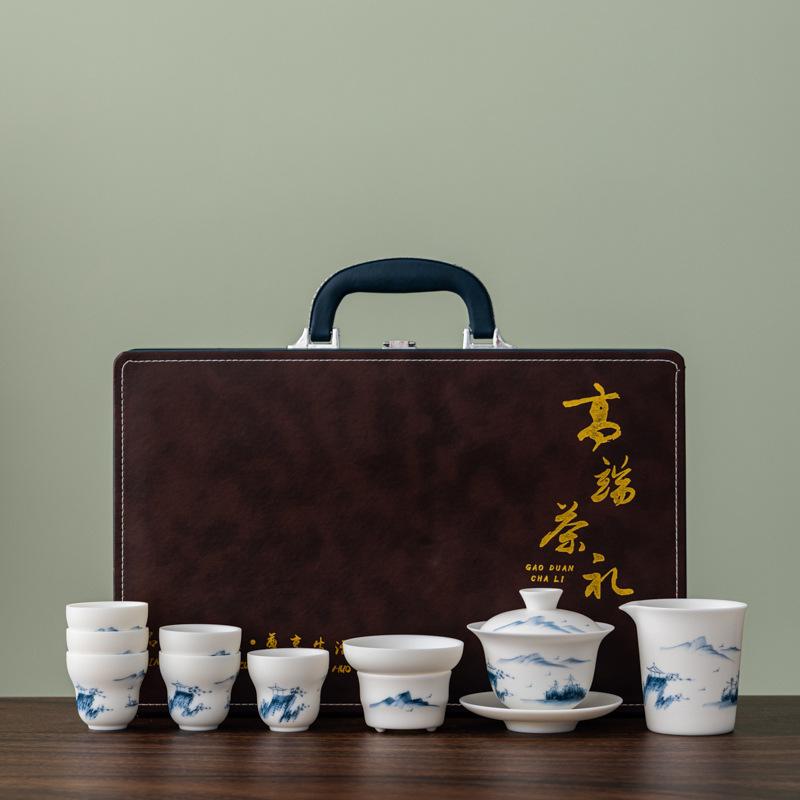 White Pottery Hand-painted Plain-fired Suet Jade Porcelain Tea Set Business Company Annual Meeting High-end Gifts