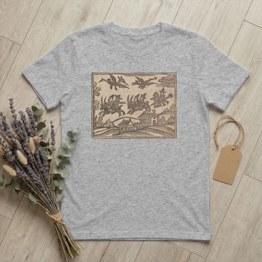 Funny 18th Century European Woodcut Prints TShirts Unisex O Neck Cotton T Shirt Flying Witches Short Sleeve Tee Plus Size Merch