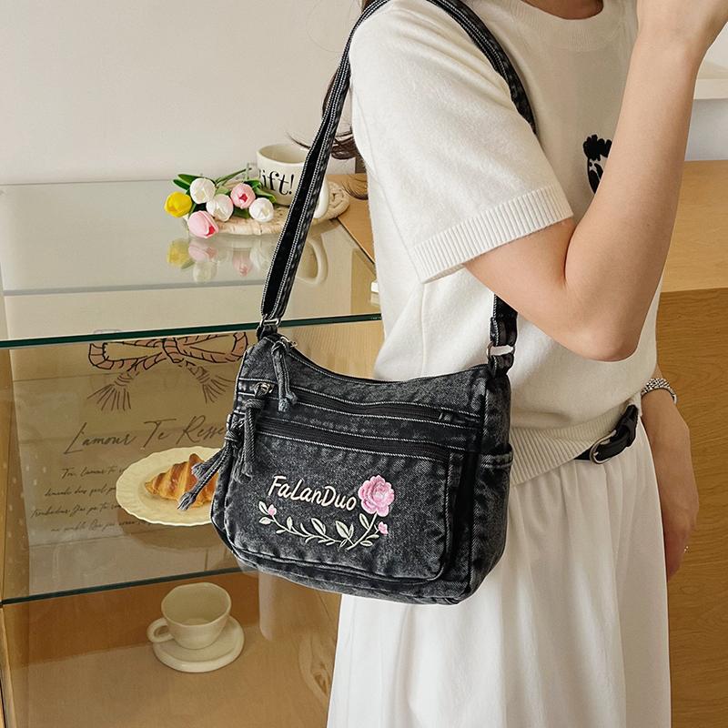 Jeansowa Haftowana Torba na Ramię Damska Torebka Miejska Torba Crossbody