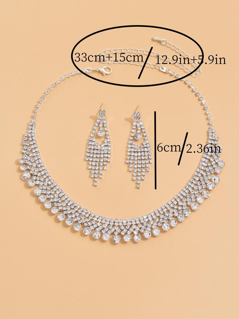 3PCS Fashion Zircon Set Tassel Water Diamond Earrings Necklace Party Fashion Accessories
