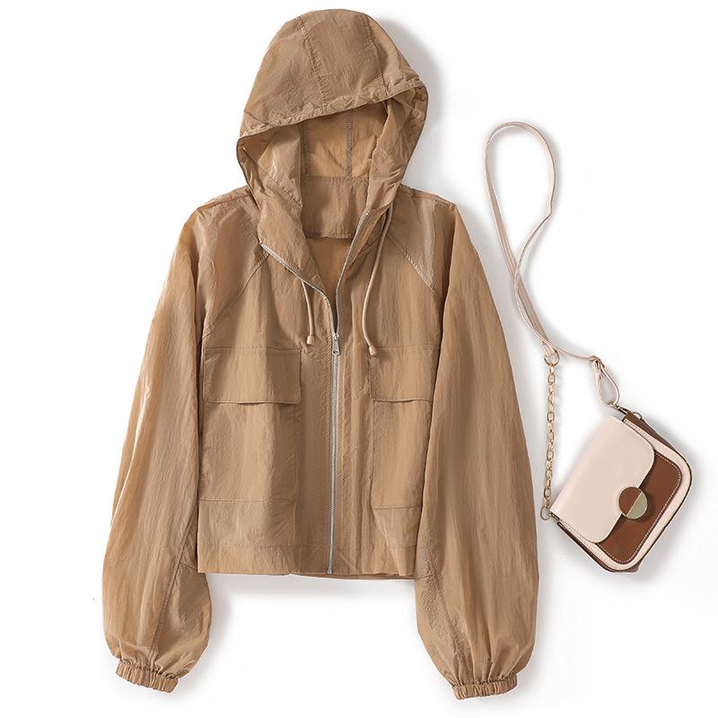 Women's Hooded Long Sleeve Jacket Loose Fit Cropped Sun Protection Coat Solid Color Lightweight Windbreaker 2026 Spring Casual Top