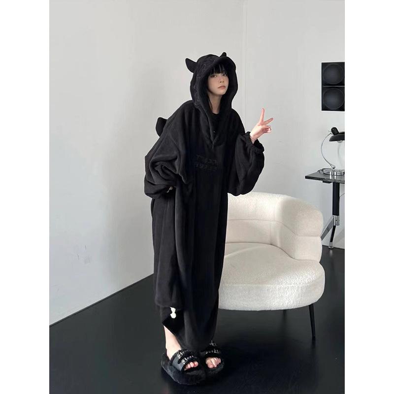 Winter Fall Little Devil Sleepwear Thickened Padded Pajamas Solid Color Homewear Loose Oversized Hooded Dresses Couple Robe One-piece Sleepwear