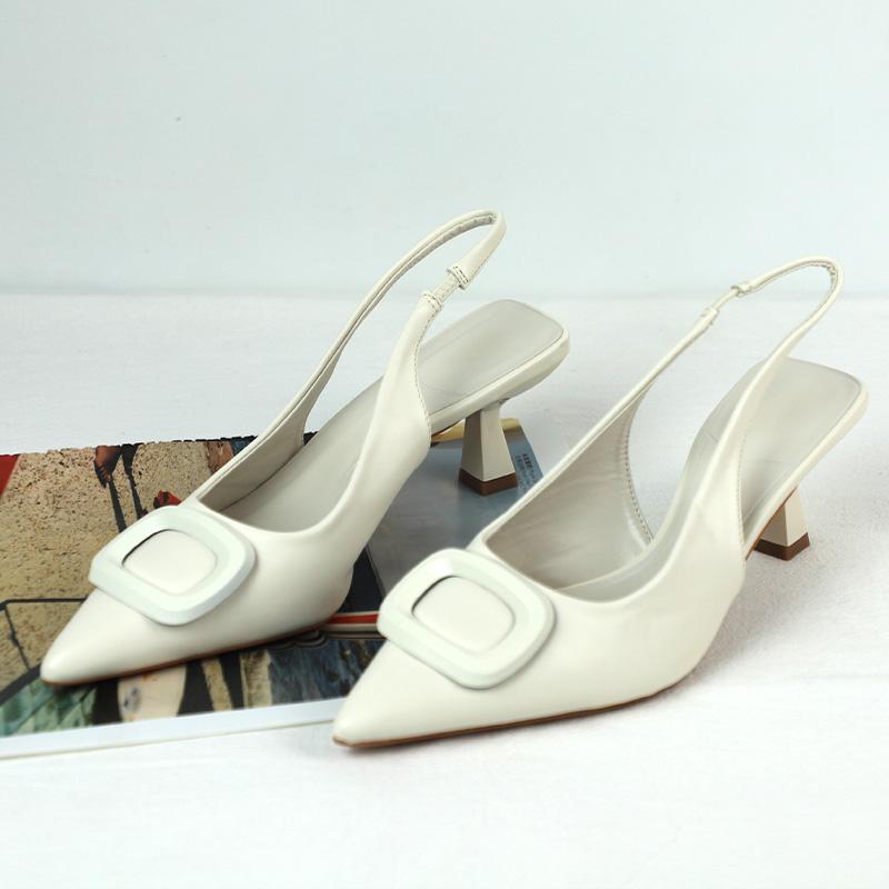 

Fashion Chic White Point Toe Slingback Heels Women Summer Sandals 2025 Fashion Designer Brand Square Buckle Lady Shoes Mid Heel Elegant 41 бежевый