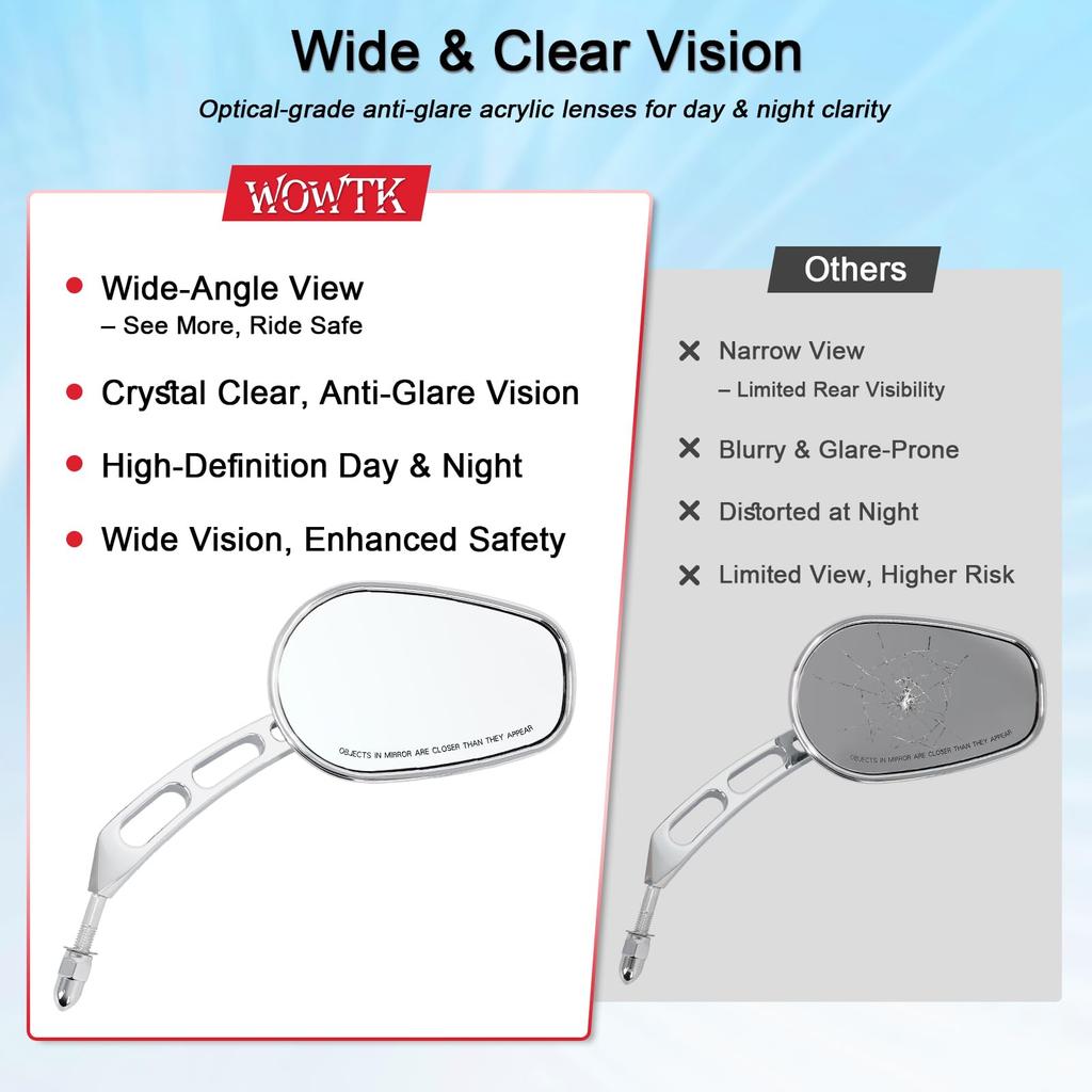 WOWTK Chrome L & R 8mm Rearview Mirrors for Harley FLSTC FXDB Dyna FXDF FLSTF