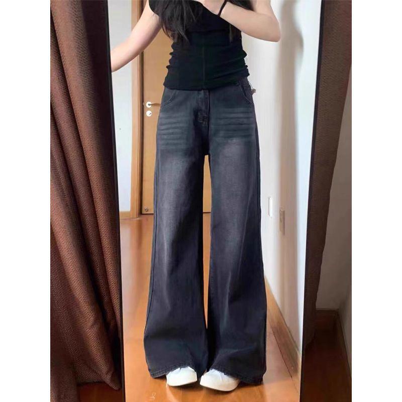 Damen Übergröße Schwarze High Waist Jeans mit weitem Bein für Frühling/Herbst