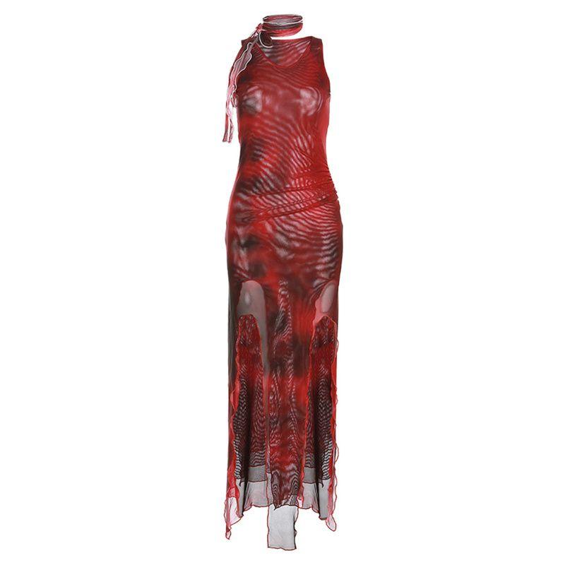 

# Sisjuly# Y2g Wild Sexy Sense of Failure Retro Tie-Dyed Slit Slim Fit Elegant Silm Dress Female Red S