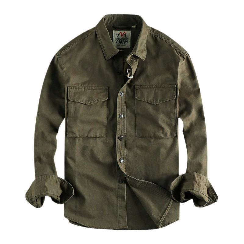 Autumn Vintage Washed Solid Color Workwear Shirt with Men's Three-dimensional Pockets, Trendy Loose Jacket
