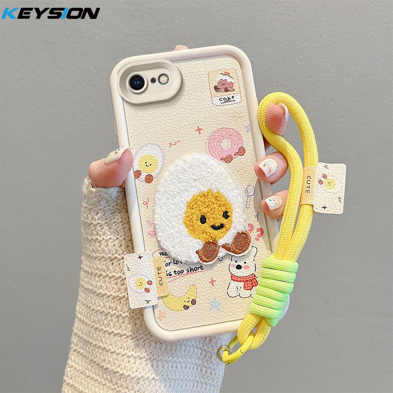 KEYSION Cartoon Cute Plush Embroidery Case for iPhone SE 2020 2022 with Lanyard Shockproof Phone Cover for iPhone 8 7 6s Plus