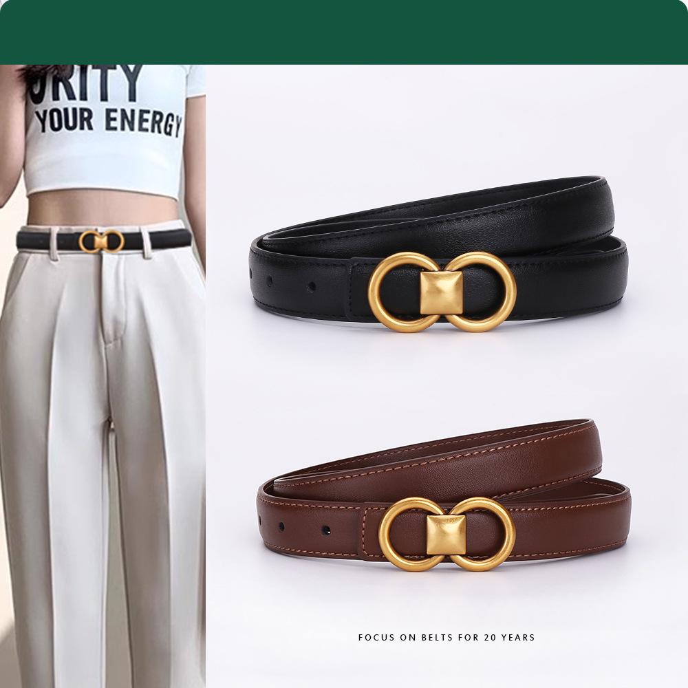 Women's Retro Slim Genuine Leather Belt, Versatile and Fashionable, for Dresses and Jeans, with Pin Buckle Decor.