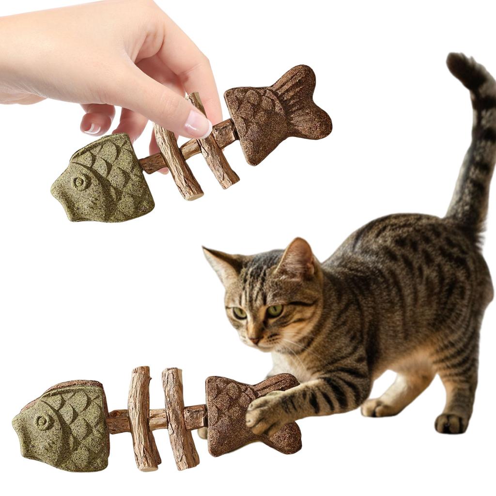 Funny Fish Bone Cat Toy Wooden Teeth Cleaning Stick Cats Dental Toy Feline Tooth Care Tool for Indoor Kittens Pet Supplies
