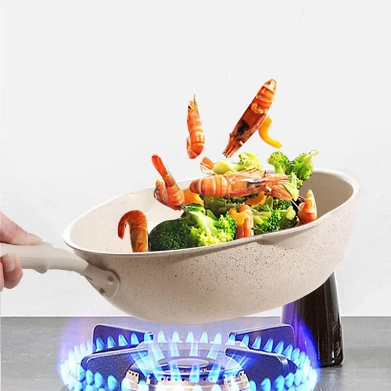 Bodenstarker Maifan-Stein Wok Antihaftbeschichtete Pfannen Bratpfanne mit Deckel Haushalts-Wok Kochgeschirr für Induktionsherd Küchenutensilien