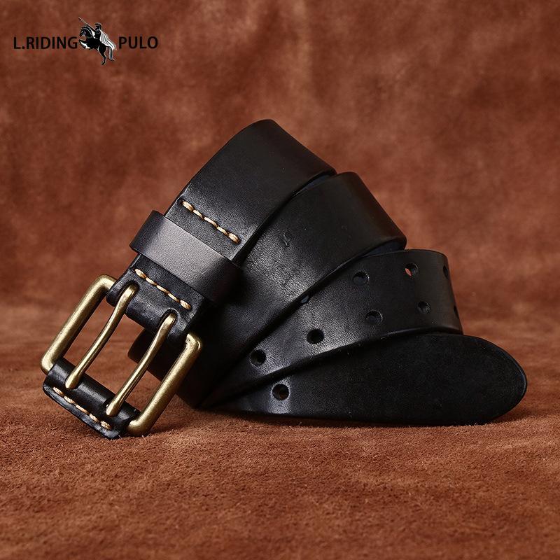 Men's Leather Belt Double Pin Buckle Top Layer Cowhide Retro Youth Copper Buckle Belt