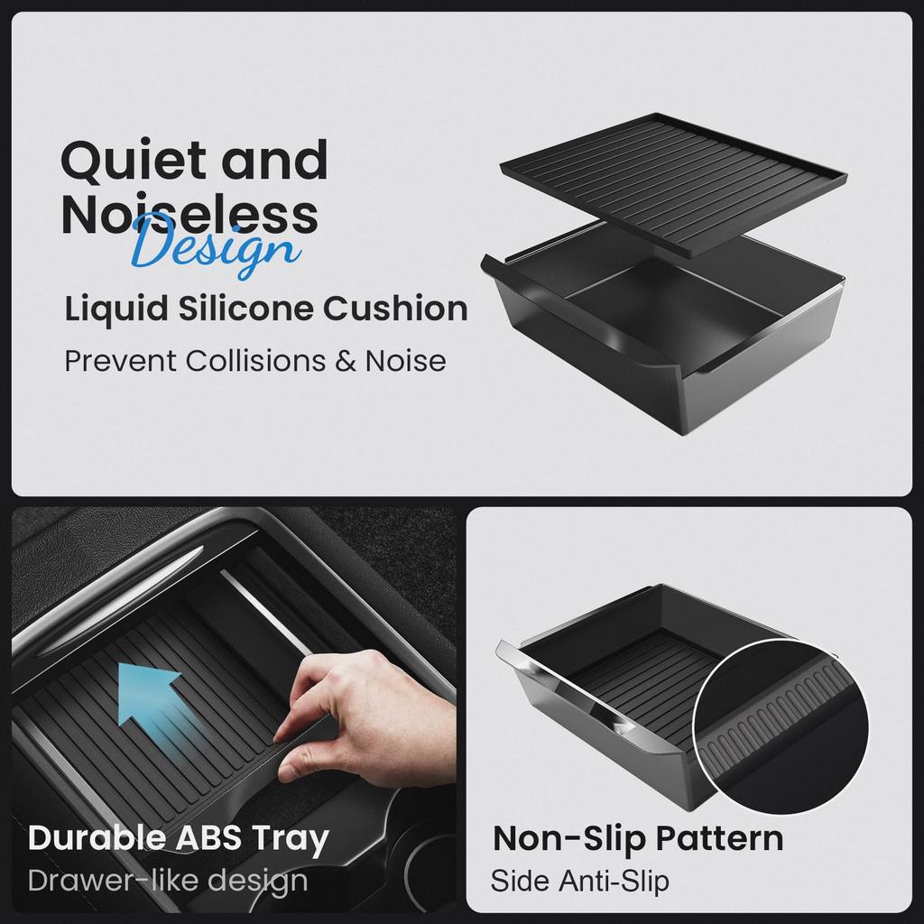 CARENTR Tesla New Model Y Juniper & Model 3 Center Console Organizer (Dual-Tier Storage, Smooth Slide) – Compatible with Model 3 (2024-2025) / New Mod